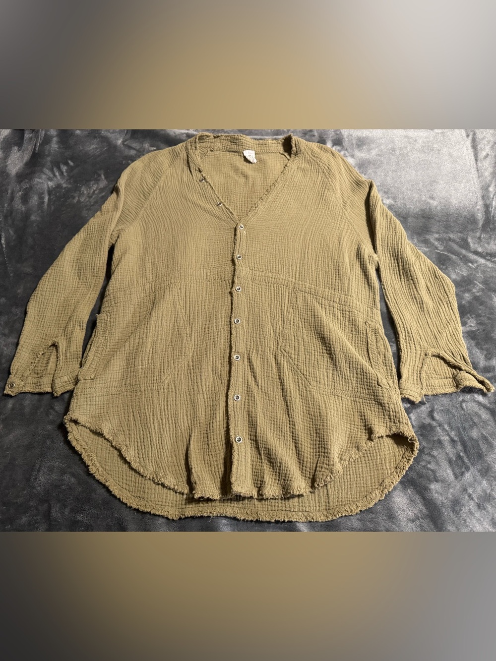 Flawless Oversized Cotton Gauze Button Down Tunic Shirt Olive Green Size Small